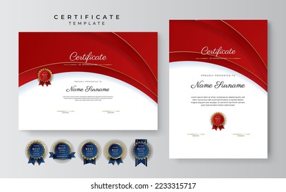 Plantilla de borde de certificado de logro azul y rojo con placa de lujo y patrón de línea moderna. Para las necesidades de premios, negocios y educación