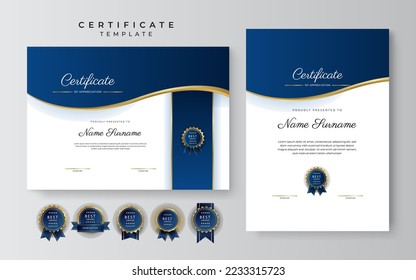 Plantilla de borde de certificado de logro azul y rojo con placa de lujo y patrón de línea moderna. Para las necesidades de premios, negocios y educación