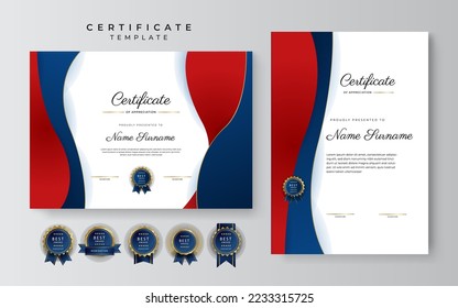 Plantilla de borde de certificado de logro azul y rojo con placa de lujo y patrón de línea moderna. Para las necesidades de premios, negocios y educación