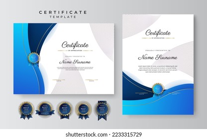 Blue and red certificate of achievement border template with luxury badge and modern line pattern. For award, business, and education needs