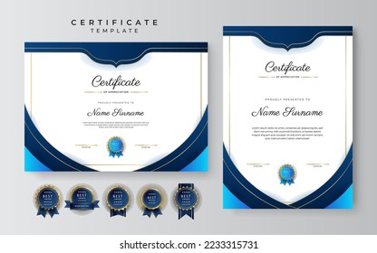 Blue and red certificate of achievement border template with luxury badge and modern line pattern. For award, business, and education needs