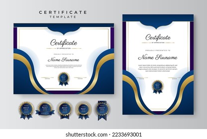 Blue and red certificate of achievement border template with luxury badge and modern line pattern. For award, business, and education needs