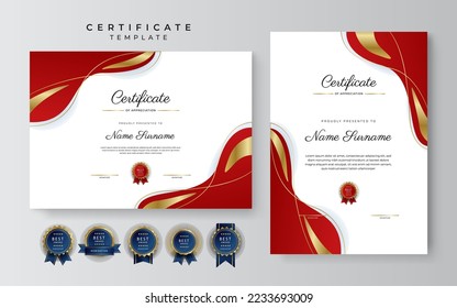 Plantilla de borde de certificado de logro azul y rojo con placa de lujo y patrón de línea moderna. Para las necesidades de premios, negocios y educación