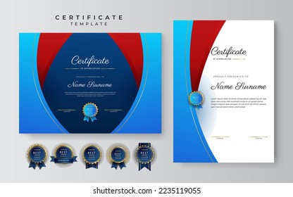 Blue and red certificate of achievement border template with luxury badge and modern line pattern. For award, business, and education needs
