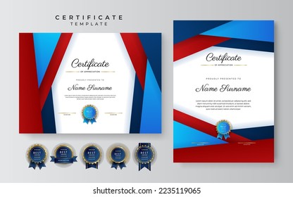 Blue and red certificate of achievement border template with luxury badge and modern line pattern. For award, business, and education needs