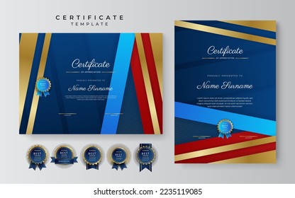 Blue and red certificate of achievement border template with luxury badge and modern line pattern. For award, business, and education needs