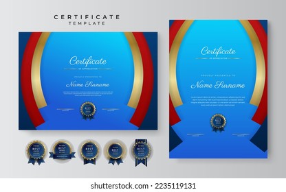 Blue and red certificate of achievement border template with luxury badge and modern line pattern. For award, business, and education needs