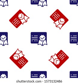 Blue and red Certificate template icon isolated seamless pattern on white background. Achievement, award, degree, grant, diploma. Business success certificate.  Vector Illustration