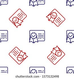 Blue and red Certificate template line icon isolated seamless pattern on white background. Achievement, award, degree, grant, diploma. Business success certificate.  Vector Illustration