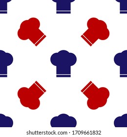 Blue and red Chef hat icon isolated seamless pattern on white background. Cooking symbol. Cooks hat. Vector Illustration
