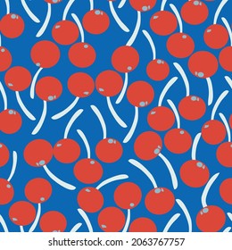 Azul con cerezas rojas y tallos blancos diseño de fondo sin fisuras.