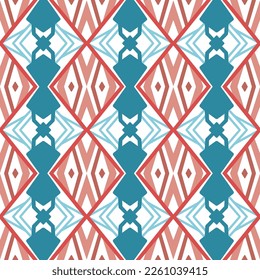 Blue and Red Chevron Seamless Pattern with Tribal Shape. Pattern designed in Ikat, Aztec, Moroccan, Thai, Luxury Arabic Style. Ideal for Fabric Garment, Ceramics, Wallpaper. Vector Illustration.