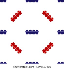 Blue and red Chicken egg in box icon isolated seamless pattern on white background.  Vector Illustration