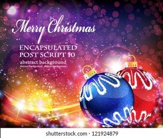 Blue and red Christmas ball decoration on abstract sparkling background