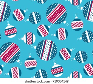 Blue and red Christmas bauble decor stylized vector seamless pattern on sky-blue color. Xmas tree decoration balls with stripe, dots and snowflakes ornament illustration