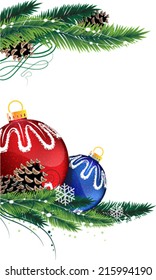 Blue and red Christmas baubles with fir tree branches and cones on white background