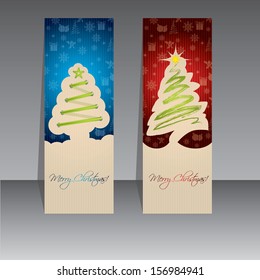Blue and red christmas label design with green trees