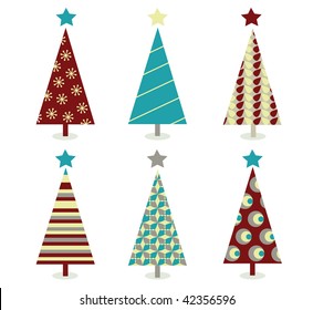 Blue â?? red christmas tree icon set. Retro christmas trees isolated on white. Vector Illustration.