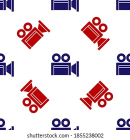Icono de cámara de cine azul y rojo aislado sin fisuras en fondo blanco. Cámara de video. Signo de película. Proyector de película. Vector.