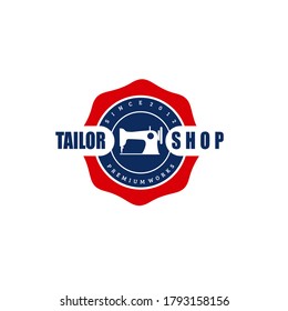 Blue and red circle frame with white sewing machine silhouette vector illustration perfect for tailor shop business logo