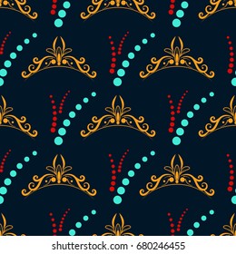 Blue and red circle with a vintage yellow monogram on a dark background. Seamless pattern