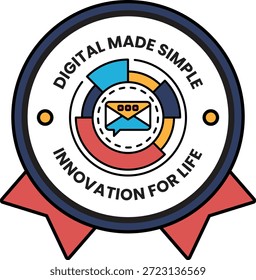 A blue and red circle with a white background. The circle has a blue and red design with a white lettering that says "Digital Made Simple Innovation for Life"