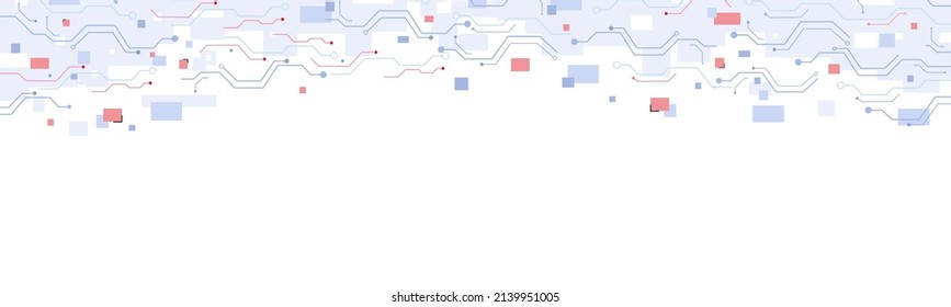 Blue and red circuit technology concept on white background. Clean square particle and line digital, electronic abstract. Horizontal background.