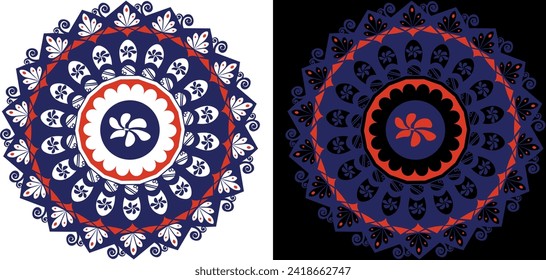 Un diseño circular azul y rojo sobre un fondo blanco y negro. Mandala azul y roja en vector con detalles de color sobre fondo negro y blanco
