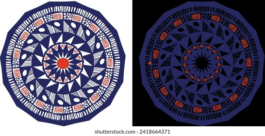 A blue and red circular design on a black and white background. Blue and  red mandala in vector  with colored details on black and white background
