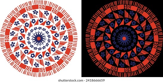 A blue and red circular design on a black and white background. Blue and  red mandala in vector  with colored details on black and white background