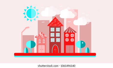 Blue and red cityscape in a flat style. The city with houses with sloping roof and various beautiful tiles with a lantern sun-shining clouds and trees. Vector illustration