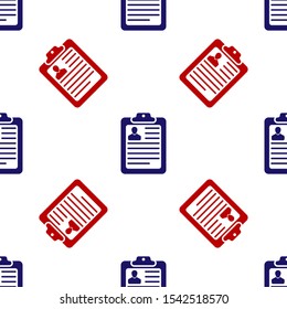 Blue and red Clipboard with resume icon isolated seamless pattern on white background. CV application. Curriculum vitae, job application form with profile photo.  Vector Illustration