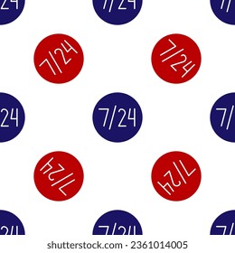 Blue and red Clock 24 hours icon isolated seamless pattern on white background. All day cyclic icon. 24 hours service symbol.  Vector Illustration