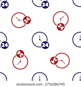 Blue and red Clock 24 hours icon isolated seamless pattern on white background. All day cyclic icon. 24 hours service symbol.  Vector
