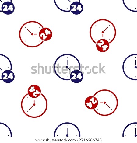 Blue and red Clock 24 hours icon isolated seamless pattern on white background. All day cyclic icon. 24 hours service symbol.  Vector