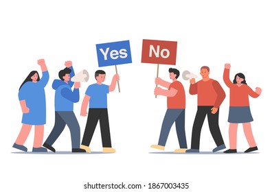 Blue and red clothing peoples raising a sign that have Yes and No text.
Cartoon Illustration about different think and opinions of people in social media.