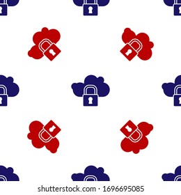Blue and red Cloud computing lock icon isolated seamless pattern on white background. Security, safety, protection concept. Protection of personal data. Vector Illustration