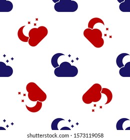 Blue and red Cloud with moon and stars icon isolated seamless pattern on white background. Cloudy night sign. Sleep dreams symbol. Night or bed time sign.  Vector Illustration