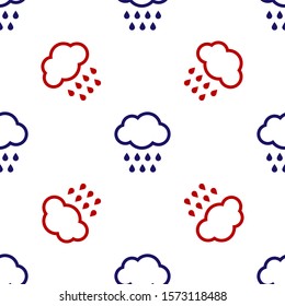 Blue and red Cloud with rain icon isolated seamless pattern on white background. Rain cloud precipitation with rain drops.  Vector Illustration