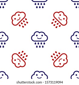 Blue and red Cloud with rain icon isolated seamless pattern on white background. Rain cloud precipitation with rain drops.  Vector Illustration
