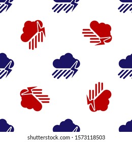 Blue and red Cloud with rain and lightning icon isolated seamless pattern on white background. Rain cloud precipitation with rain drops.Weather icon of storm.  Vector Illustration