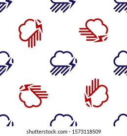 Blue and red Cloud with rain and lightning icon isolated seamless pattern on white background. Rain cloud precipitation with rain drops.Weather icon of storm.  Vector Illustration