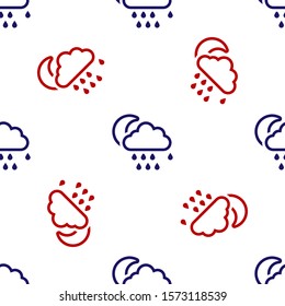 Blue and red Cloud with rain and moon icon isolated seamless pattern on white background. Rain cloud precipitation with rain drops.  Vector Illustration
