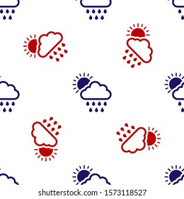 Blue and red Cloud with rain and sun icon isolated seamless pattern on white background. Rain cloud precipitation with rain drops.  Vector Illustration