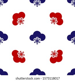 Blue and red Cloud with snow icon isolated seamless pattern on white background. Cloud with snowflakes. Single weather icon. Snowing sign.  Vector Illustration