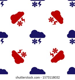 Blue and red Cloud with snow and lightning icon isolated seamless pattern on white background. Cloud with snowflakes. Single weather icon. Snowing sign.  Vector Illustration