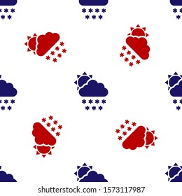 Blue and red Cloud with snow and sun icon isolated seamless pattern on white background. Cloud with snowflakes. Single weather icon. Snowing sign.  Vector Illustration