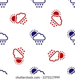 Blue and red Cloud with snow and sun icon isolated seamless pattern on white background. Cloud with snowflakes. Single weather icon. Snowing sign.  Vector Illustration