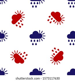 Blue and red Cloudy with rain and sun icon isolated seamless pattern on white background. Rain cloud precipitation with rain drops.  Vector Illustration