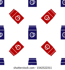Blue and red Coffee beans in bag icon isolated seamless pattern on white background.  Vector Illustration